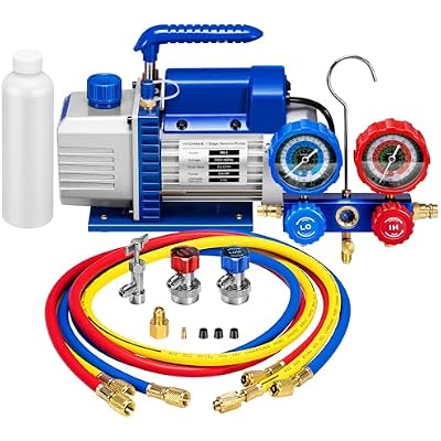 VIVOHOME 110V 1/4 HP 3.5 CFM Single Stage Rotary Vane Air Vacuum Pump and R134a AC Manifold Gauge Set Kit for HVAC Air Conditioning Refrigeration Recharging, Blue