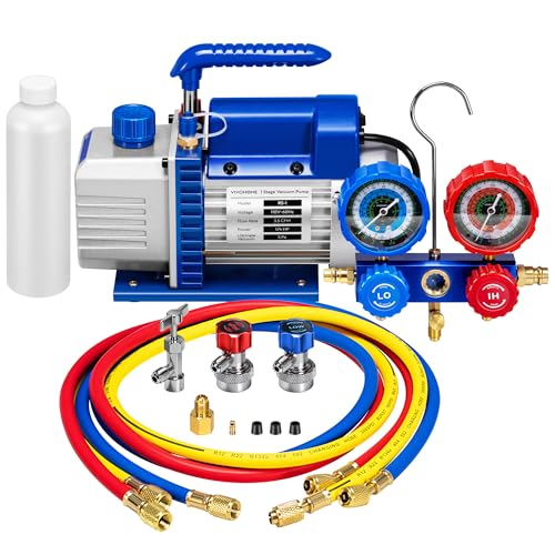 VIVOHOME 110V 1/4 HP 3.5 CFM Single Stage Rotary Vane Air Vacuum Pump and R134a AC Manifold Gauge Set Kit for HVAC Air Conditioning Refrigeration Recharging, Blue by VIVOHOME - Used condition - US$87.52