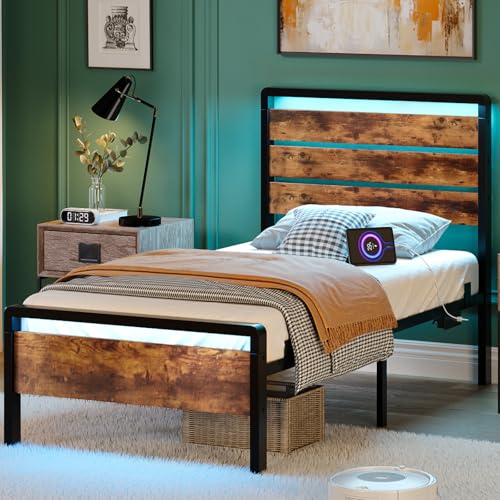 VINGLI Twin Bed Frame with LED Headboard & Footboard, USB