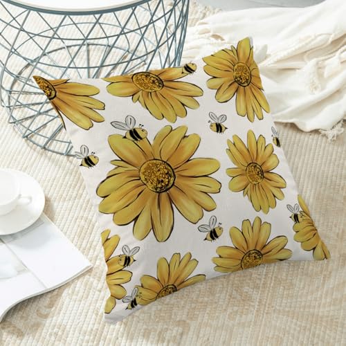 Summer Sunflowers Pillow Covers 18x18 Inch Set of 2 Yellow Sunflowers Bee Pillow Covers Spring Floral Outdoor Pillow Cases Farmhouse Seasonal Decor for Living Room Bedroom Linen Square Cushion — view 4