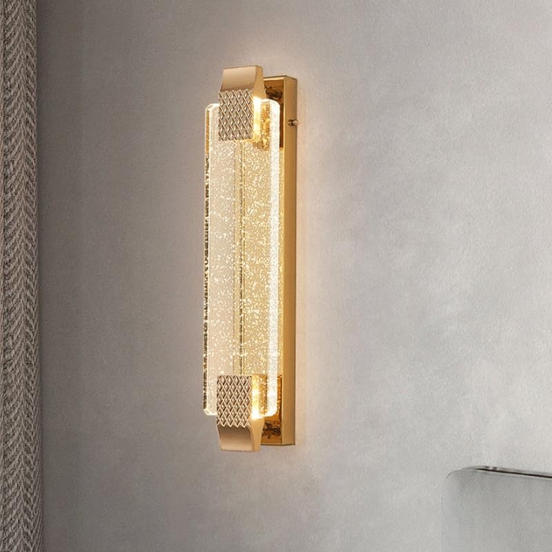 Gold LED Wall Sconce with Bubble Crystal Stick Wall Light Modern Bathroom Vanity Wall Lamp, Three-Color Dimmable,Exterior Flush Fixture,for Stairs Hotel Villa Cafe Office Courtyard(15.7in)