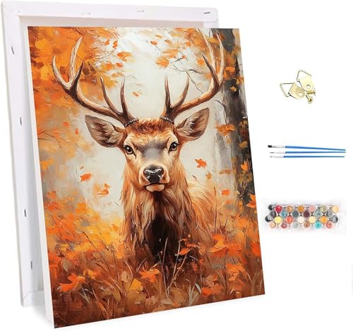 Deer Framed Paint by Numbers Kit for Adults, Tree Paint by Numbers on Canvas, DIY Arts and Crafts for Adults, Oil Painting Kits with Acrylic Painting and Brushes, Room Decor Gifts 20x26in F-4253