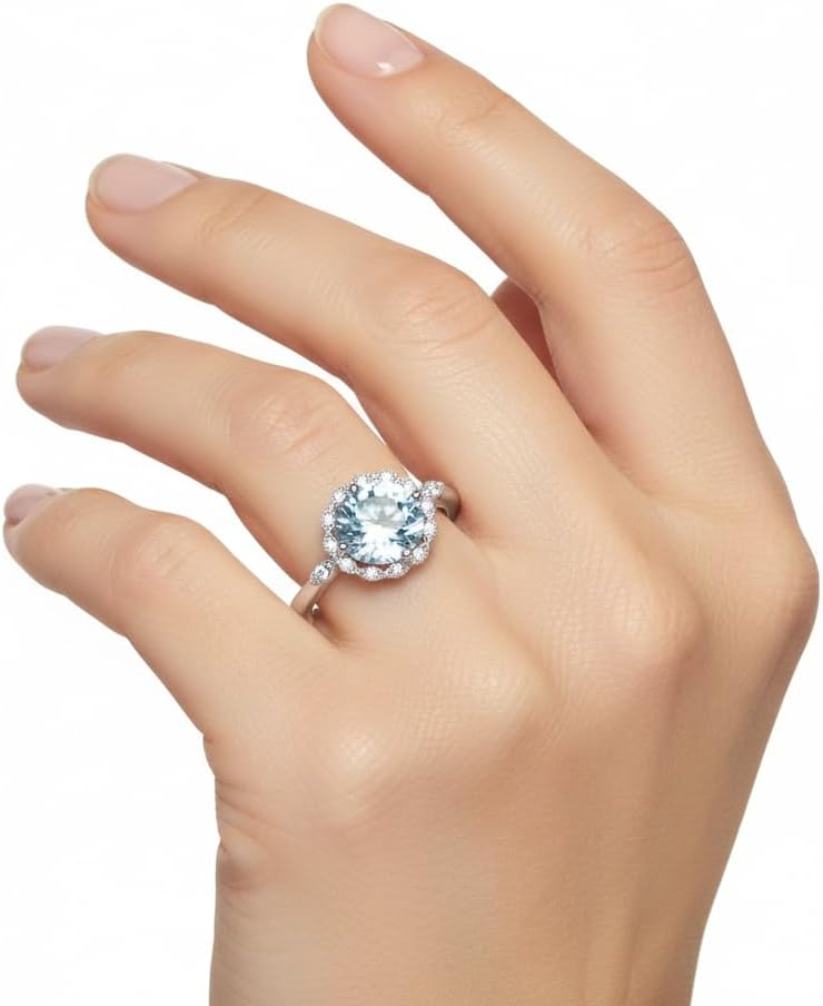 925 Sterling-Silver Halo Ring Natural-Blue Topaz Faceted Gemstone Beautiful Western Design Wedding Engagement Jewelry Vintage Style to Any Outfit for Women Ring US Size 4 to 13