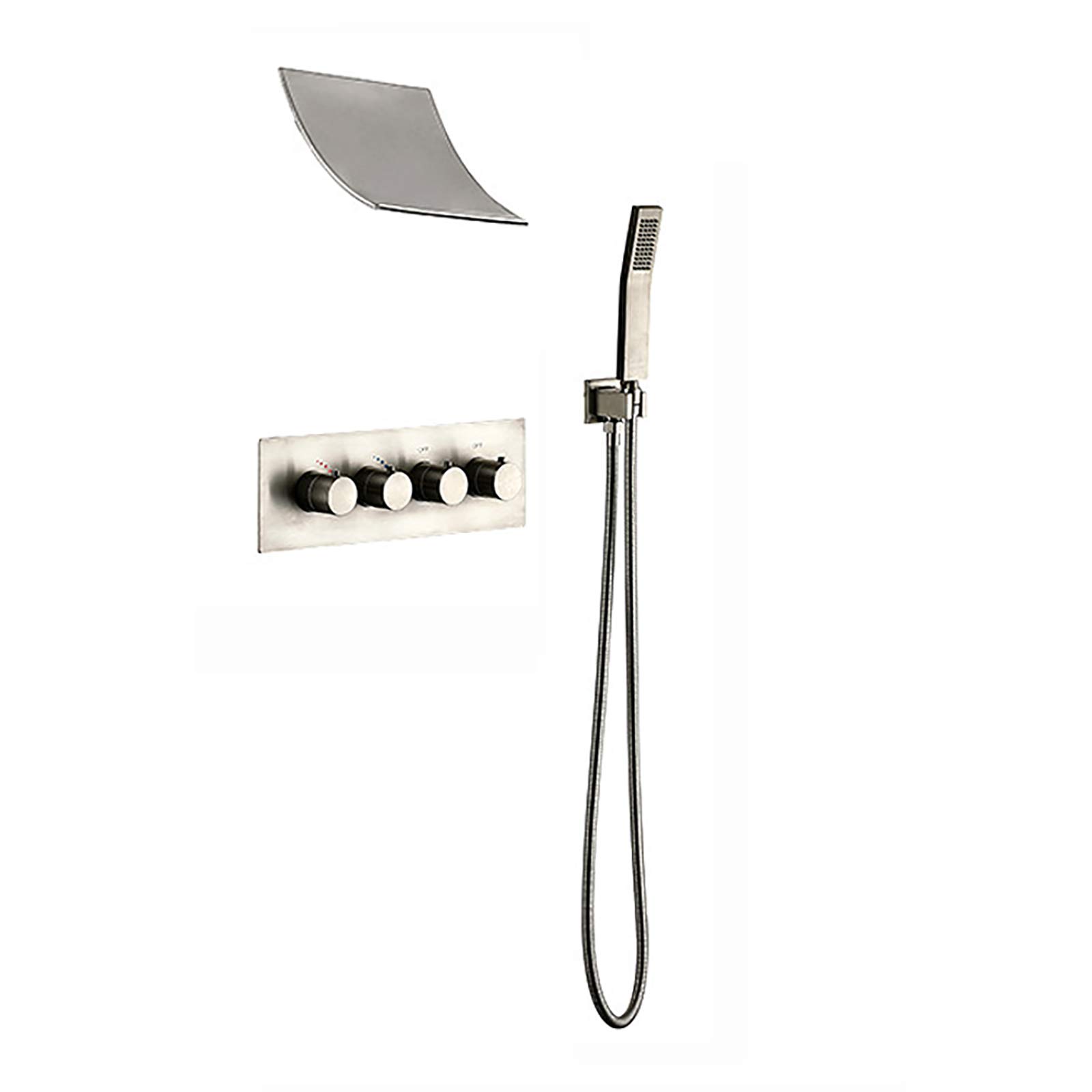 WXPGFEQ Shower System Brushed Nickel Waterfall Shower Faucet Set Wall Mounted Shower Combo Set Brass Rain Mixer Shower with Handheld Shower, 4 Round Handles