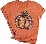 Womens Halloween Pumpkin Shirts Funny Leopard Pumpkin Fall Graphic Tees Tops Cute Thanksgiving Casual Short Sleeve(XL,Orange-5)