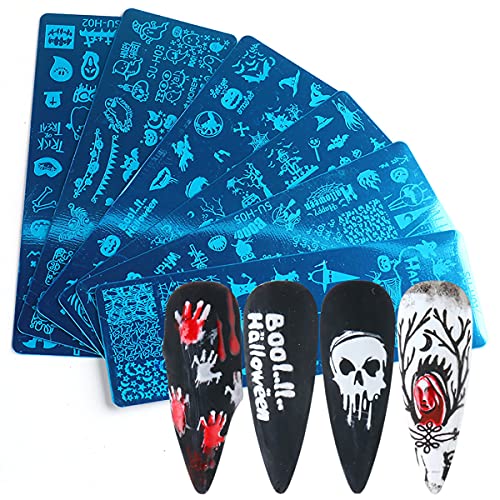 Halloween Nail Stamper Kit 6 Pcs Nail Stamping Plates 1 Scraper Lace 1 Stamper Horror Ghost Skull Pumpkin Spider Nail Art Stamping Plates Nail Stencils Plates For Manicure Template Tools Nail Designer #TOP3