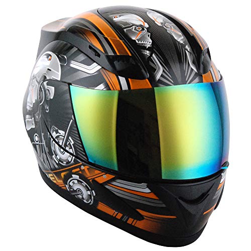 1Storm Motorcycle Bike Full Face Helmet Mechanic Skull - Tinted Visor Orange #TOP2