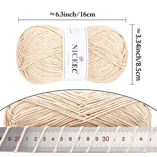 Niceec 3 Skeins Soft Cotton Yarn 5Ply Baby Cotton Yarn For Knitting Crochet Baby Weight Yarn Cotton Blend Yarn Total Length 3×220M(3×240 Yds,100G×3)-Beige #TOP1