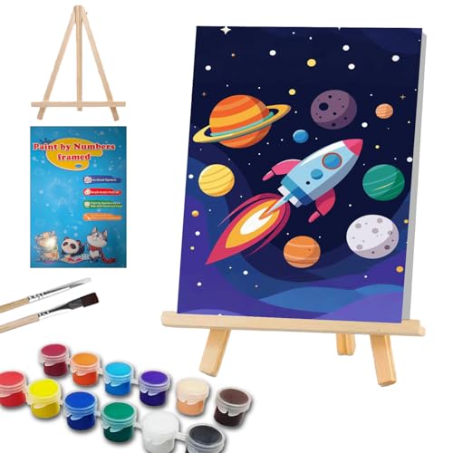 WEMEON Malen nach Zahlen ab 7 mit Rahmen und Staffelei Rakete Malen nach Zahlen Erwachsene Anfänger Paint by Numbers für Mädchen und Junge mit Geschenk Box 20x30cm