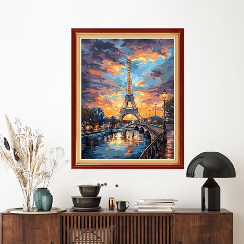 Image of Artvxeay Stamped Cross Stitch Kits - Embroidery Kits for Beginners Cross Stitch Kits for Adults 11 CT Printed Patterns Needlepoint Kits-(The Eiffel Tower at Dusk 16x20 inch)