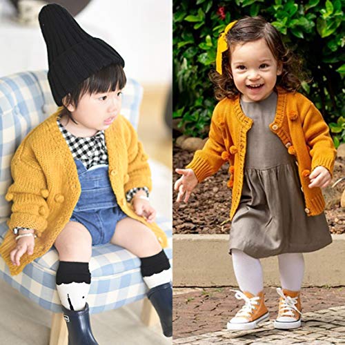 Cardigã de gola redonda com botão e gola redonda para bebês meninos e meninas, Pompom # Yellow, 2-3T