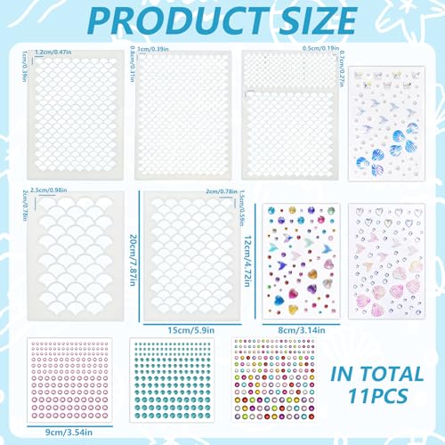 5 pochoirs plastique réutilisables forme d'écailles sirène avec 6 strass autocollants pochoir maquillage visage corps accessoires costume sirène femme carnaval cosplay fête maquillage artistique – vue 2