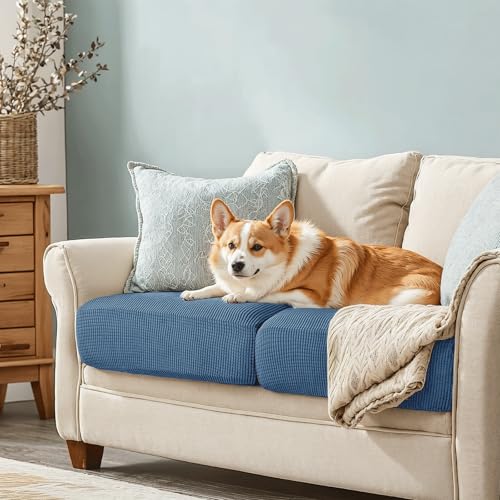 Image of CHUN YI Stretch Couch Cushion Cover Replacement, Fitted Loveseat Sofa Chair Seat Slipcover Furniture Protector, Checks Spandex Jacquard Fabric(2,Denim Blue), 2