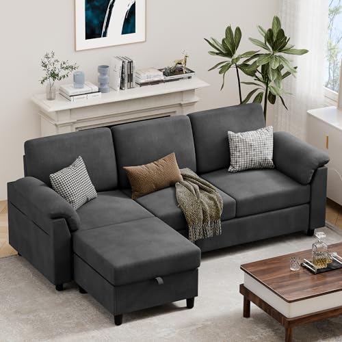 Vongrasig 79″ Convertible Sectional Couch Sofa with Storage Ottoman, 3 Seat L Shaped Couch with Side Storage Pockage, Linen Fabric Small Couches for Living Room, Apartment and Small Space, Black Vongrasig 79″ Convertible Sectional Couch Sofa with Storage Ottoman, 3 Seat L Shaped Couch with Side Storage Pockage, Linen Fabric Small Couches for Living Room, Apartment and Small Space, Black