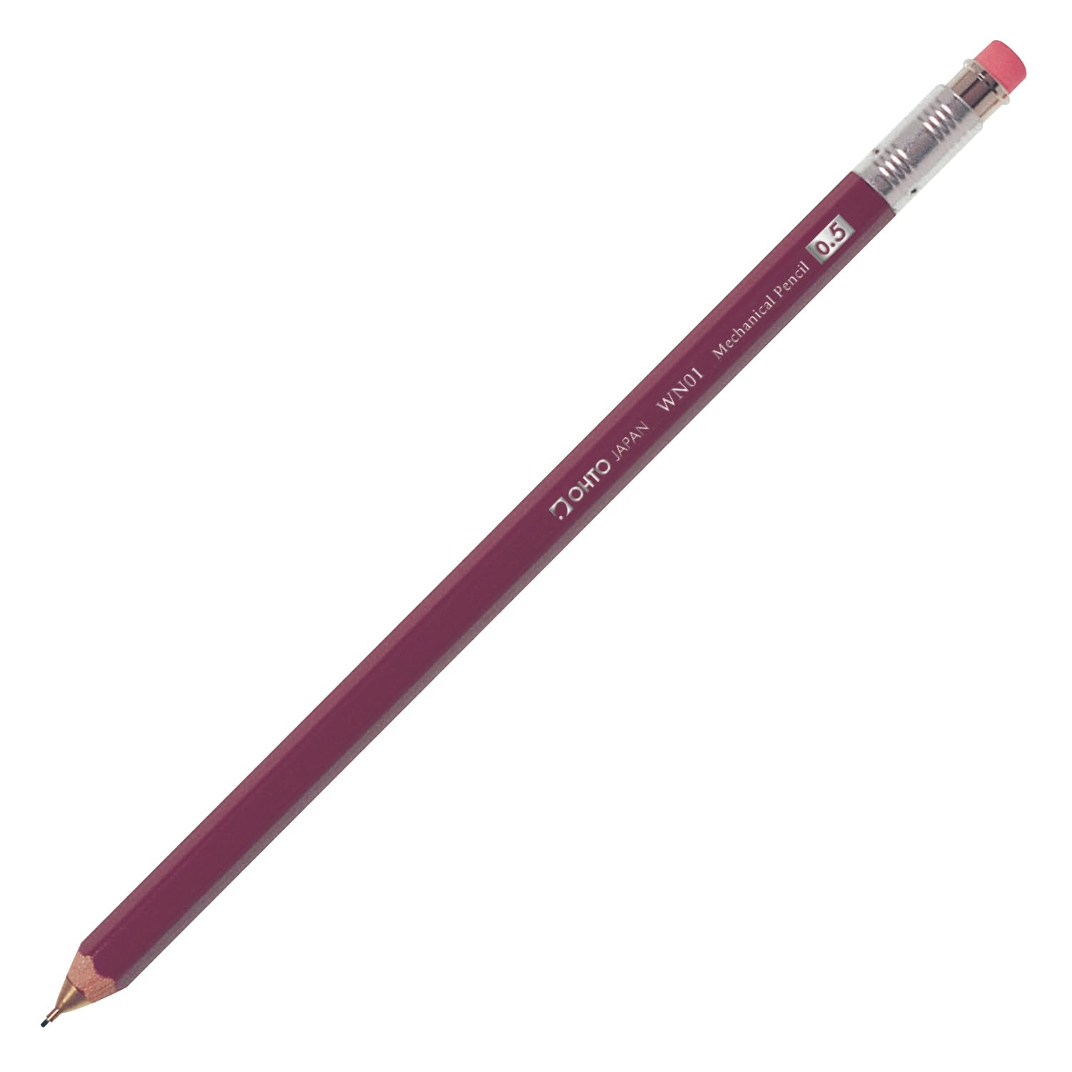 OHTO WN01 Wooden Mechanical Pencil, 0.5mm Fine Point, Standard Long Barrel, Dark Red Body, Made from Incense Cedar, WN01-SP5-EN