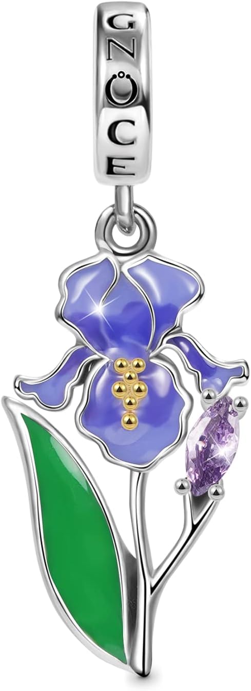 GNOCE Sunflower Pendant Charms 925 Sterling Silver Purple Iris Flower Dangle Charm for Bracelets/NecklaceJewelry Gift For Women Wife (Iris Flower)