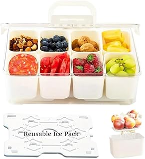 Portable Snackle Box Container with Ice Pack, Snack Container Divided Chilled Serving Tray, Cooling Travel Snacklebox with Lid & Handle, 8 Compartment Chilled Serving Tray for Beach, Outdoor
