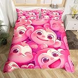Homewish Cartoon Monkey Comforter Cover for Kids Child Pink Monkey Print Single Bedding Set,Red Heart Decor Duvet Cover for Girls Boys Kawaii Animlas Cute Bed Set