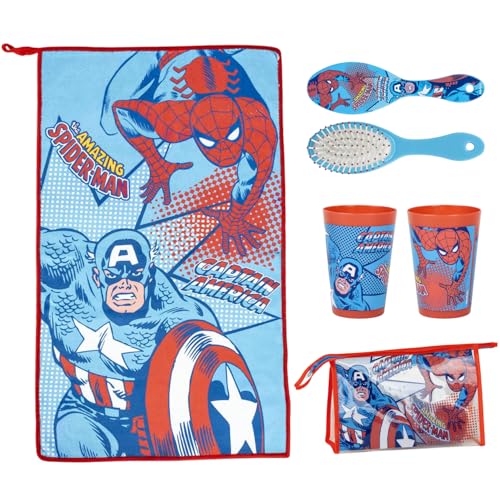 Marvel Avengers - Neceser infantil con accesorios, toalla, cepillo y tazas, artículos esenciales de viaje para niños, multicolor, Talla única, Informal