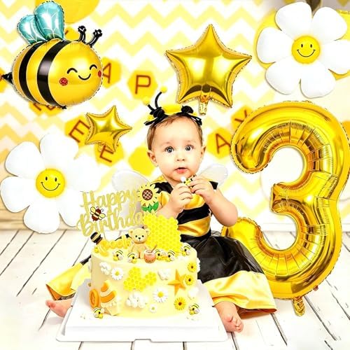 Yellow Bee Number 3 Balloon Bouquet Set (1-9 Variants) - Daisy & Star Foil Balloons for Kid 3 Year Old Birthday Decoration, Bumble Bee Themed 3rd Party Decorations (Gold 3) - 4