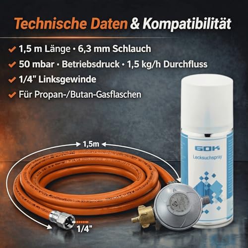 BOGAPRO Gasdruckregler 30 mbar Set, Gasdruckminderer mit 1, 5 m Gasschlauch, 1/ 4″ Linksgewinde, für Propan/ Butan- Gasflaschen (5/ 11/ 33 kg), CE, EN 16436- 1 Schlauch, inkl. Lecksuchspray, Polybeutel-7