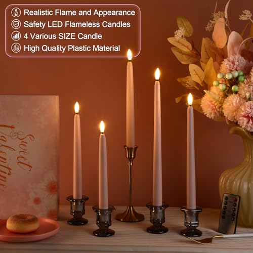 Image of Rossesay 16 Pcs Pink Flameless Taper Candles Battery Operated Candles with Remote Timer 8.5 inch 9.6 inch 10.8 inch 12.8 inch LED Flameless Flickering Candlestick for Halloween Christmas Wedding Party Decor