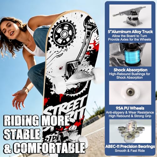 Image of Skateboards for Beginners Adults Youths Teens Kids Girls Boys 31 Inch Pro Complete Skate Boards 7 Layer Canadian Maple Double Kick Concave Longboards