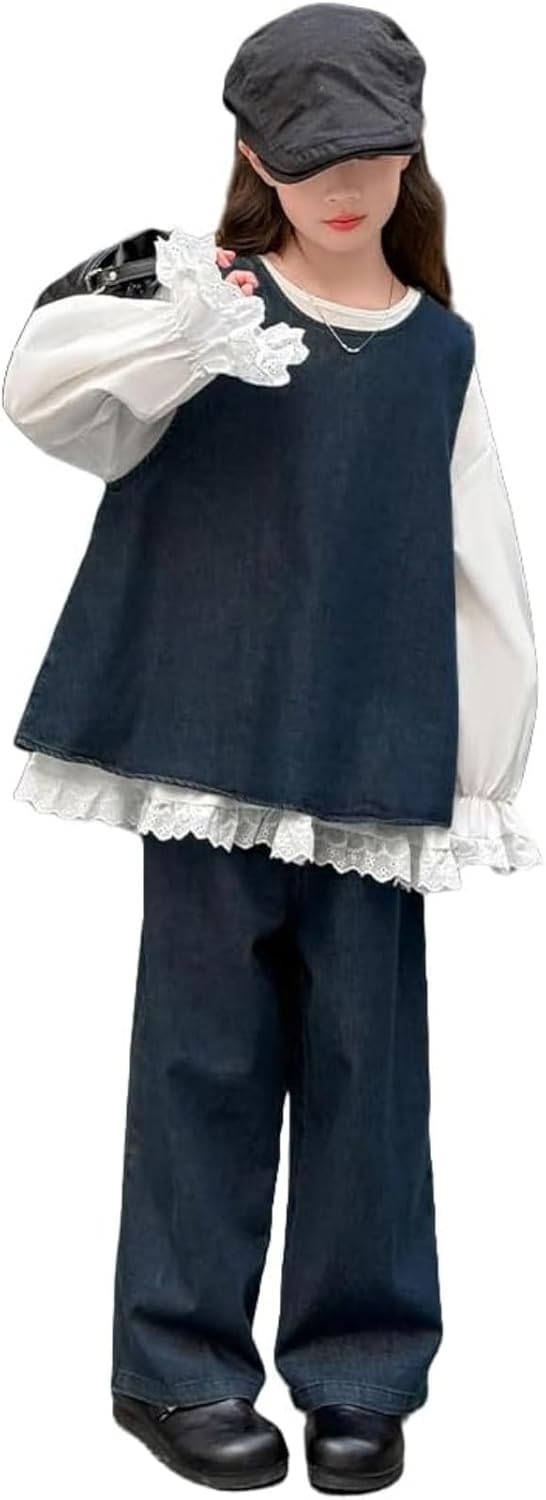 [HongzyFirm] 子供服 ジャージ キッズ 女の子 セットアップ トレーナー ベスト デニムパンツ 3点セット子供 上下セッ