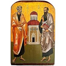 Handmade Wooden Greek Orthodox Icon of Saints Peter and Paul - 5.1x3.5 in / 13x9 cm / MP2