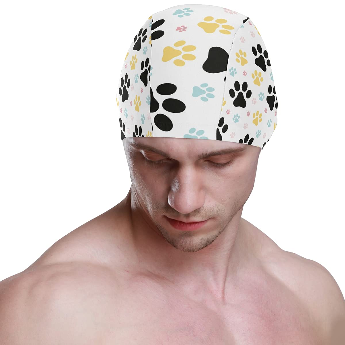 Hupery Dog Paw Print Swim Cap Easy Put On/Off Swimming Caps Long Hair Short Hair Swim Caps for Adult Youth Women Men
