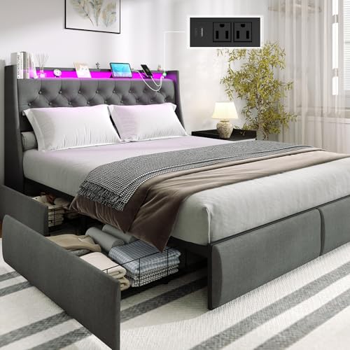 Image of Queen Size Bed Frame with 4 Storage Drawers and LED Lights, Queen Bed Frame with Upholstered Headboard and Charging Station, Steel Slat Support, No Box Spring Needed, Noise-Free, Easy Assembly, Gray