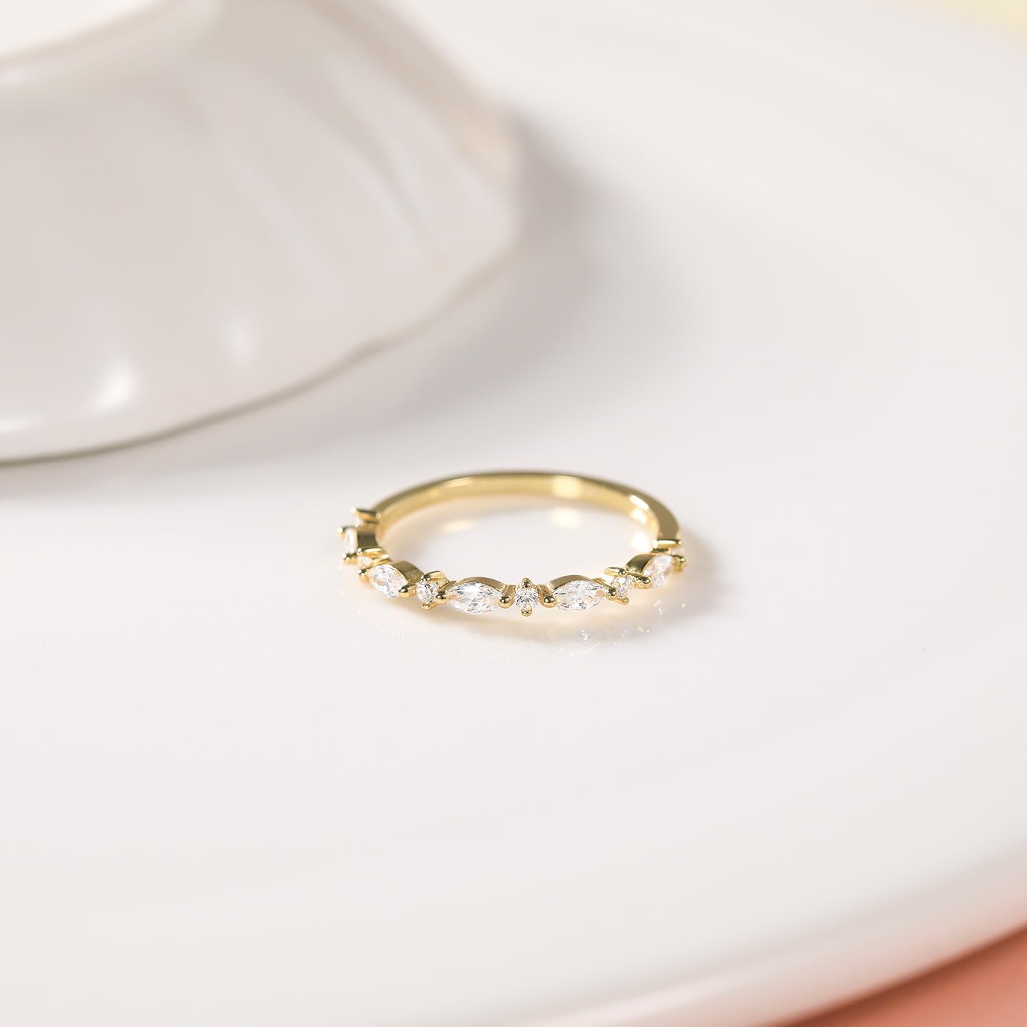 SHINYSO 14K Gold Plated CZ Half Eternity Wedding Band for Women