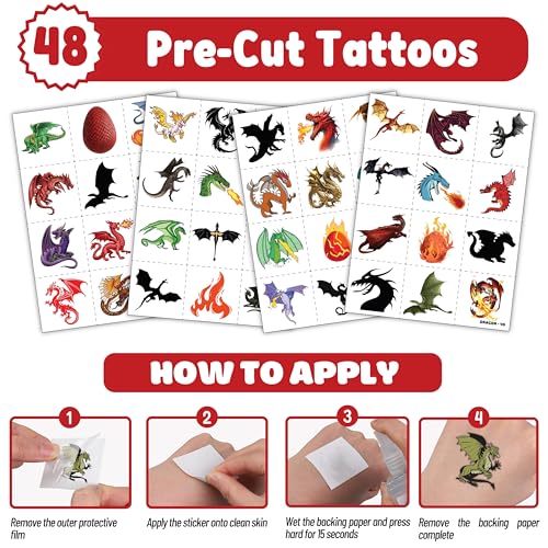 72PCS Dragon Party Set – 48PCS Temporary Pre - cut Tattoos & 24PCS Slap Brace...