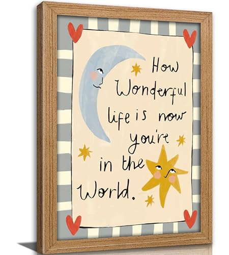 Framed How Wonderful Life Is Nursery Wall Art Cute Moon and Star Wall Decor Whimsical Kids Bedroom Painting Picture Colorful Celestial with Love Quote Poster Print Artwork for PlayRoom Baby Room