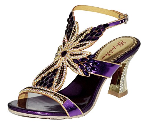 Honeystore Women's Crystal Chunky Heel Sandals Leatherette Slip On Glitter Sandals Purple 8 B(M) Us #TOP21