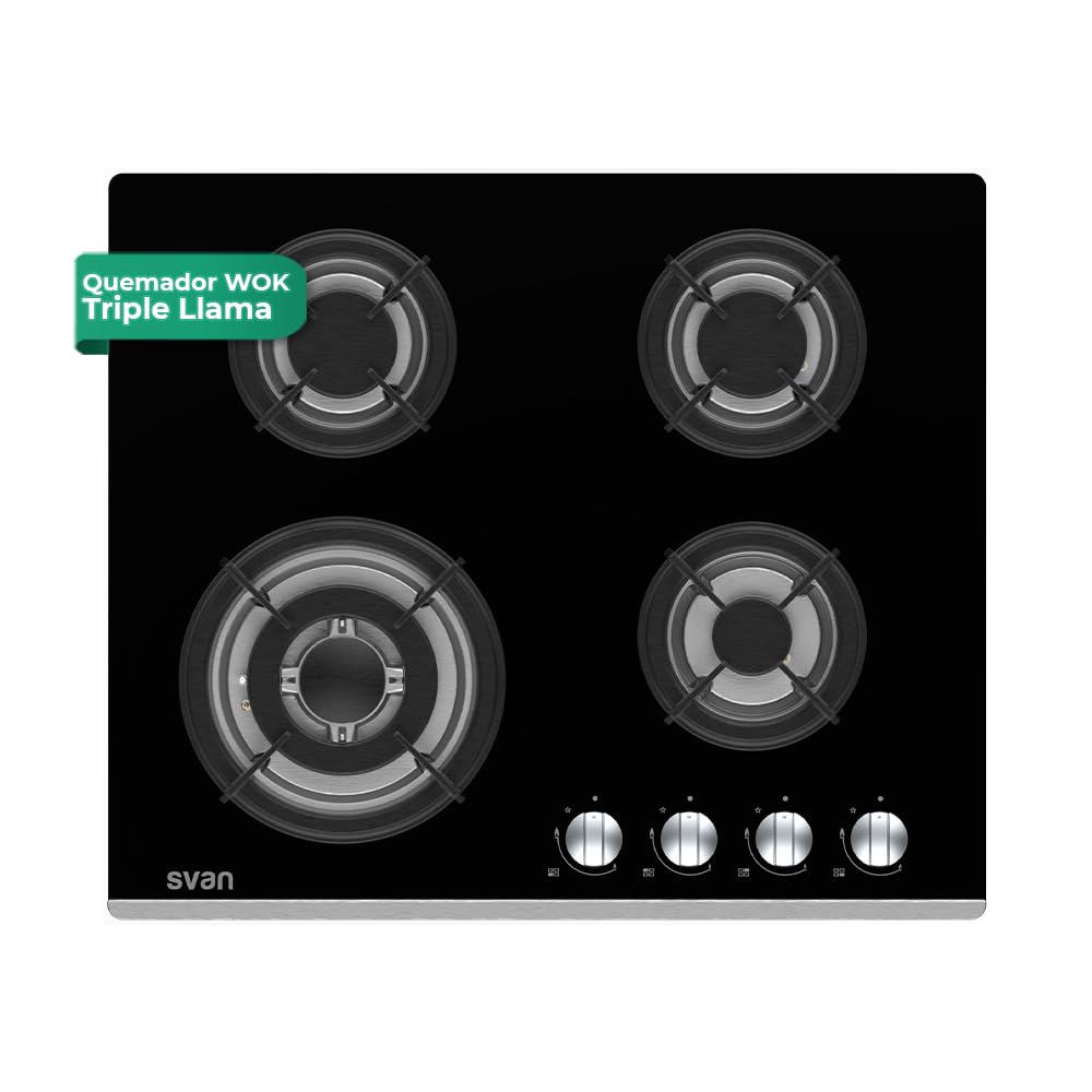 Svan Encimera de Gas Cristal Negro SGW4600N. Potencia máx. 7800 kW, 4 Quemadores, Quemador Wok Triple Llama, con Ignición Automática, Parrillas Forjadas, Incluye Kit de Conversión Gas Natural