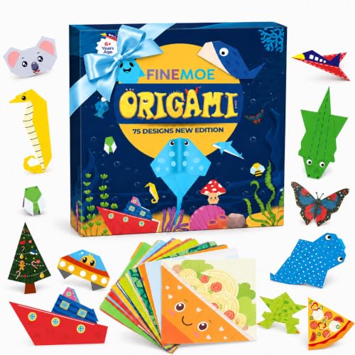 Image of FINEMOE 150 Origami Kit with Instruction Book for Kids - Craft Color Paper Sheets with 75 Design, 18x18 cm DIY Art Colour Paper Activity Kit Set, Return Gift For Birthday Party