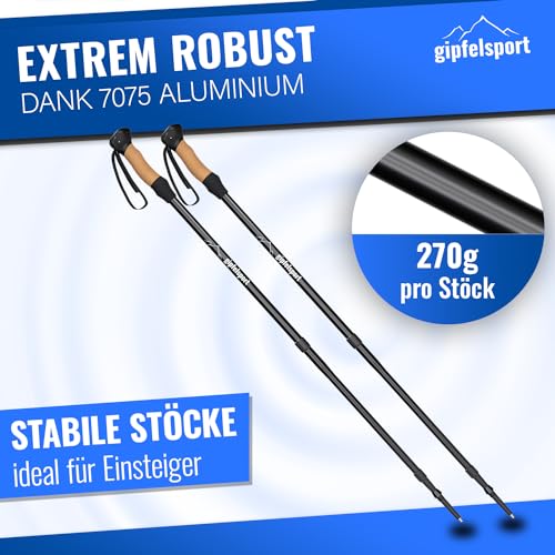 Foto von gipfelsport Wanderstöcke Teleskop | Nordic Walking Stöcke Damen und Herren | Trekkingstöcke ausziehbar, Ultraleicht und verstellbar | aus Aluminium und mit Kork-Griff