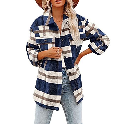 Women Plaid Shirt Jacket Long Sleeve Lapel Neck Button Down Open Front Flannel Cardigan Coat Blouse Tops Outwears (Blue-D, Medium)