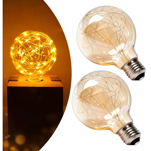 Lustaled E27 LED Vintage Light Bulb Screw, 1.5W Energy Saving Light Bulbs ES, G95 Globe Fairy Light Bulbs Screw in, Amber Glass Decorative Light Bulb Warm White 2200K, AC220-240V, Non-dimmable-2Pack
