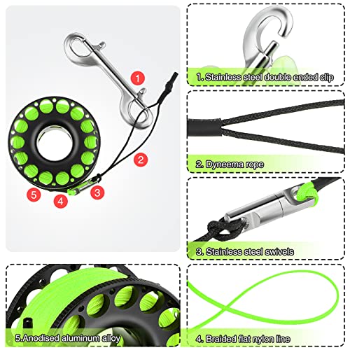 Scuba Diving Reel, Aluminum Alloy Wreck Cave Finger Spool With 30M/100Ft High Visibility Line And Double-Ended Bolt Snap Clip Fits For Outdoor Diving Activities Fluorescent Green #TOP5
