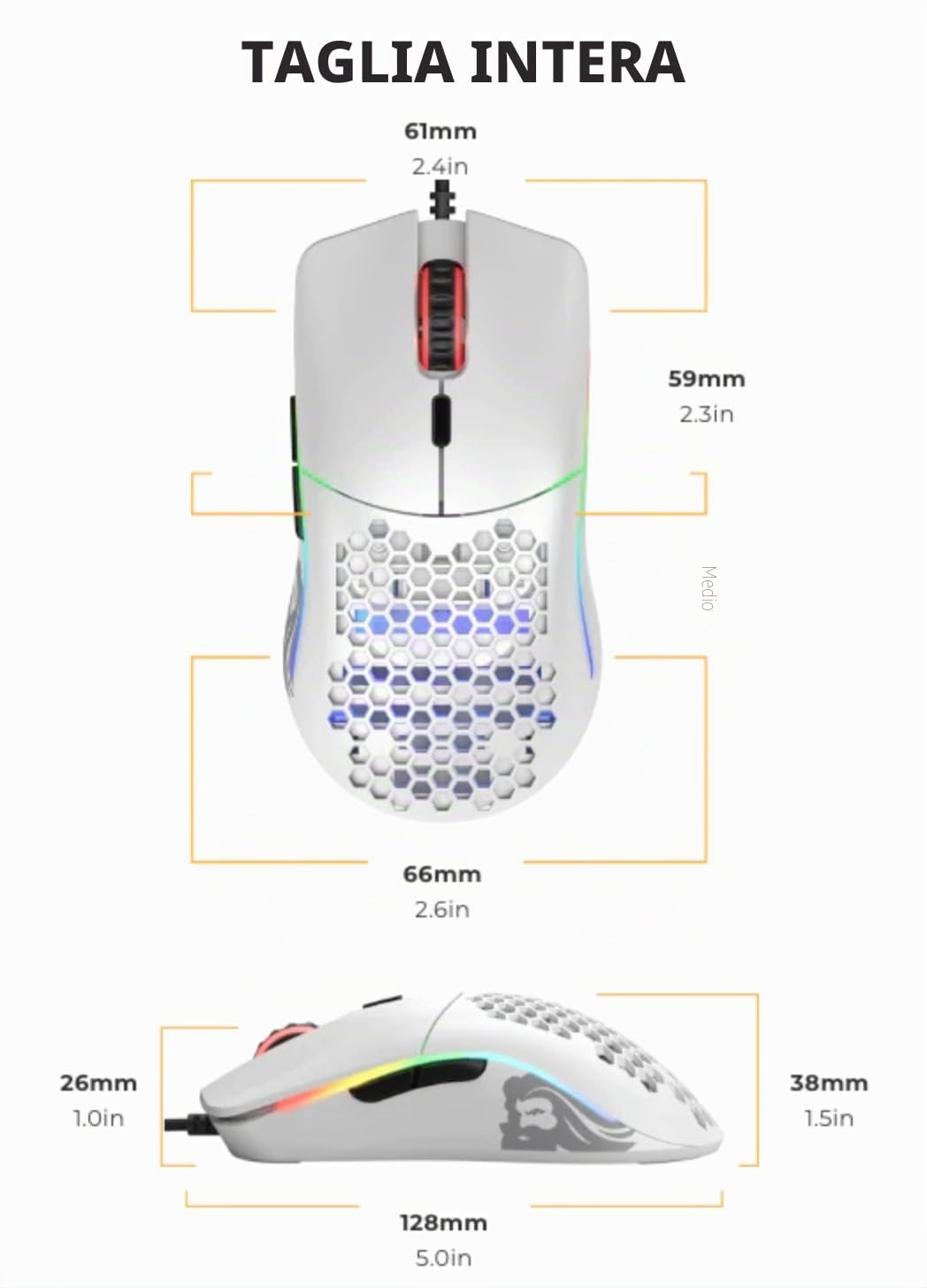 Glorious Model O Gaming Mouse Wired 67g PixArt 3360 RGB Omron Switches Bianco Opaco