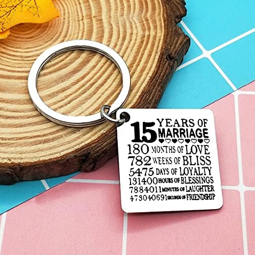 15th Anniversary Present for Couple Husband Wife 15 Years Wedding Anniversary Keychain Happy 15th Anniversary Keyring for Women Men Fifteen Years Marriage Gift for Her Him 15th Anniversary Keepsake