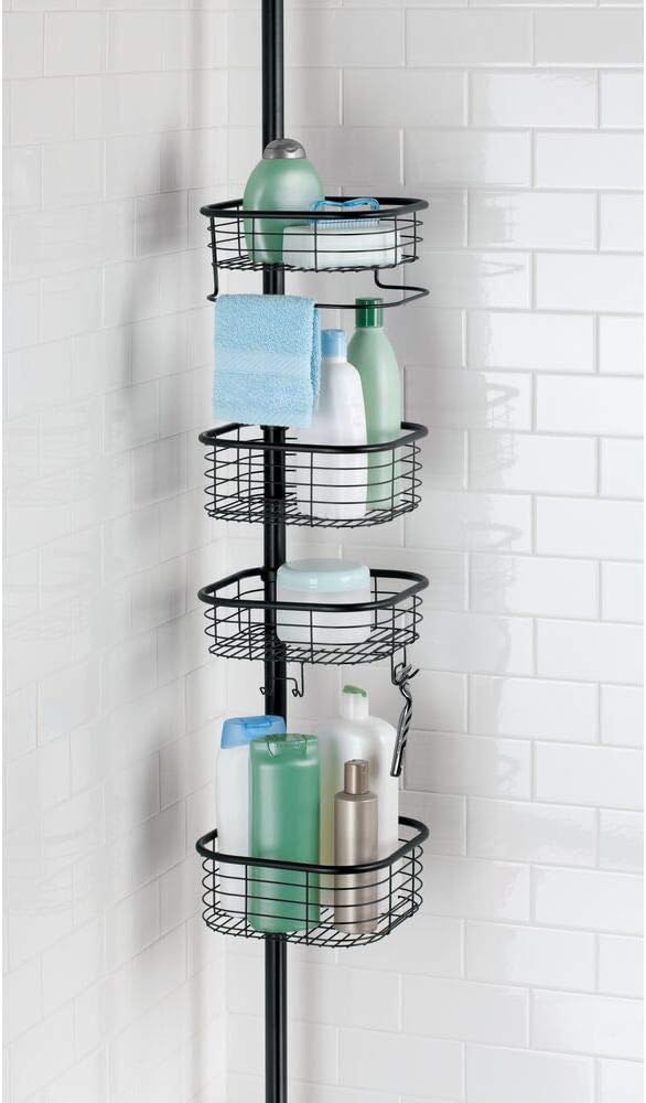 mDesign Metal Bathroom Shower Storage Constant Tension Pole Caddy - Adjustable Height - 4 Positionable Baskets - for Organizing and Containing Hand Soap, Body Wash, Wash Cloths, Razors - Black