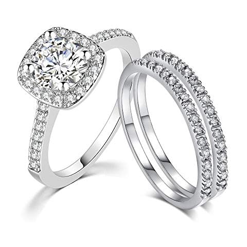 Double Fair Three-in-One Bridal Wedding Engagement Anniversary Promise Eternity Halo Ring Set (White Gold, 5) Cover