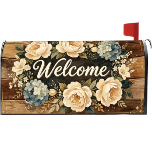 PRESSINART Welcome Floral Mailbox Cover Standard Size 18 x 21 Inch, Vintage Mailbox Covers Flowers Wood Style Polyester Waterproof Letter Box Wrap for Yard Garden Decor Buckle Design Non Magnetic