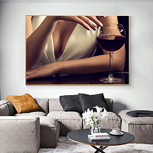 Art moderne décoration murale femme et verre de vin affiche toile 80x110 cm