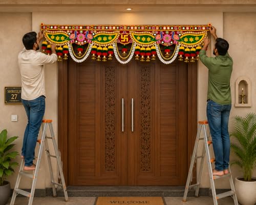 Image of ONESTA Handcrafted Designer Door Toran Bandhanwar with Peacock Swastik & Mirror Work | Traditional Main Door Hanging with Pearl Chains Bells & Pom Pom Tassels | Diwali Pooja Temple & Home Entrance Decoration 3 Feet 36 Inch Pack 01