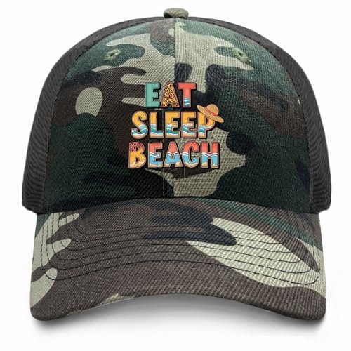Eat Sleep Beach Hat for Mens Fashion Washed Distressed Baseball Caps Camo
