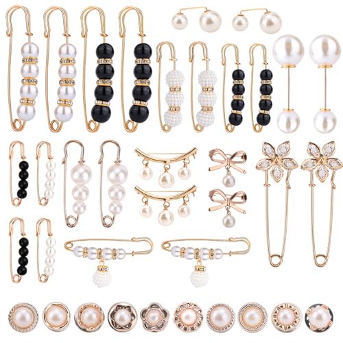 Image of 36pcs Pearl Brooch Pins, Fashion Safety Pins for Women Rhinestone and Pearl Brooch Pins Bling Sock Charms Accessories for Clothes Hats Shoes Scarf Sweater Shawl Decoration Accessories